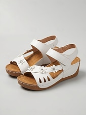 economico Sandali con zeppa-Sandali con zeppa casual colorati da donna – scarpe estive decorate con fiori, sandali aperti con velcro regolabili per feste in giardino e viaggi &amp;abbigliamento quotidiano
