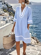 voordelige Gestreepte &amp; Geometrische Jurken-Dames Mini-jurk Gestreepte jurk Zomerjurk Basic Klassiek Dagelijks Vakantie Ruim Passend Gestreept Halve mouw V-hals blauw Zomer Lente