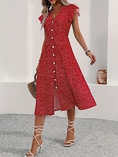 cheap Casual Floral Dresses-Women's Midi Dress Casual Dress Floral Dress Elegant Fashion Modern Outdoor Vacation Going out Regular Fit Floral Short Sleeve V Neck Black Red Green Summer Spring