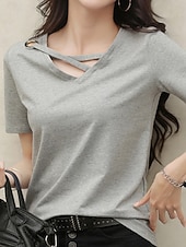 tanie gładka koszulka-Damskie Podkoszulek Koszulka Przekrój krzyżowy z otworem Równina Moda Elegancki Klasyczny Krótki rękaw W serek Zwykłe topy Codzienny Wyjściowe Weekend Czarny Biały Żółty Rumiany róż Zielony Lato