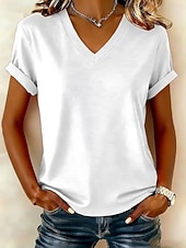 preiswerte Einfarbiges T-Shirt-Damen T Shirt Baumwollhemd Einfarbig Klassisch Kurzarm V Ausschnitt Normale Oberteile Lässig Täglich Ausgehen Schwarz Weiß Rosa Sommer Frühling