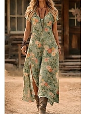 cheap Boho Dress-Women's Maxi Dress Boho Sundress A Line Dress Vacation Casual Boho Beach Going out Regular Fit Floral Graphic Short Sleeve V Neck Blue Light Green Summer Spring