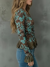 cheap Floral Blouses-Women's Shirt Blouse Long Sleeve Tops Ruffle Shirt Patchwork Buttons Floral Stylish Classic Modern Long Sleeve V Neck Regular Tops Daily Holiday Going out Green Summer Spring