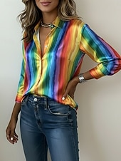 cheap Art&amp;Design Blouses-Women's Shirt Satin Shirt Print Graphic Rainbow Striped Vacation Fashion Daily Long Sleeve Shirt Collar Regular Tops Daily Holiday Going out Rainbow Summer Spring Fall