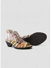 billige Hælte sandaler-oransje damesandaler med blomstertrykk og lav hæl, komfort, myk polstret innersåle, pustende åpen tå-design for modne kvinner, reiser, daglige turgåing og sommerbruk