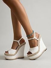 cheap Wedge Sandals-Women's White Platform Wedge Sandals, Open Toe Ankle Strap Party Heels for Summer Events, Night Out &amp; Vacation
