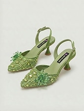 tanie Kobiety-Damskie zielone, zdobione czółenka na obcasie typu slingback - spiczaste noski z kryształkami i kwiatowym wzorem na koktajlowe przyjęcia i wieczorne imprezy &amp;wieczór oświadczeń