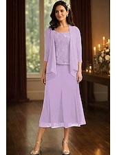 abordables Ensembles de robes pour maman-Ensembles de robes longueur thé robe de invitée de mariage robe de mère de la mariée à manches 3/4 décolleté carré élégante simple pour invité de mariage avec couleur unie