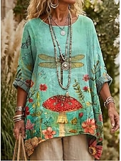 preiswerte Blumenblusen-Damen Bluse Druck Blumen Grafik Bohemien Täglich Ethnisch Dreiviertelarm Rundhalsausschnitt U-Boot-Ausschnitt Lange Oberteile Täglich Ferien Urlaubskleidung Grün Sommer Frühling