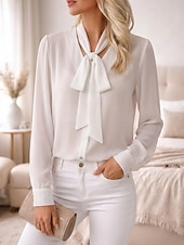 abordables Blusas Sencillas-Mujer Tops de verano Elegante Básico Manga Larga Corbata en el cuello Escote en Pico Tops regulares Casual Oficina Verde Hierba Negro Blanco Rosa Morado Verano Primavera Otoño