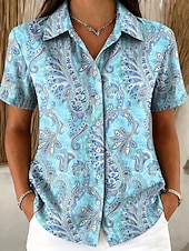 Χαμηλού Κόστους Τέχνη &amp; Σχεδίαση Μπλούζες-Γυναικεία Πουκάμισο Κουμπιά Στάμπα Γραφική Λαχούρι Βίντατζ Στυλάτο Μοντέρνα Κοντομάνικο Κολάρο Πουκαμίσου Κανονικά μπλουζάκια Causal Καθημερινά Θαλασσί Κίτρινο Ανθισμένο Ροζ Βαθυγάλαζο Βυσσινί