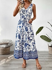 voordelige Bloemenjurken-Dames Maxi-jurk A lijn jurk Slipdress Vakantie Casual Buiten Uitgaan Standaard pasvorm Bloemig Mouwloos V-hals blauw Zomer Lente