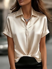 voordelige Effen t-shirt-Dames Satijnen overhemd Blouse Effen Kleur Elegant Stijlvol Basic Korte mouw Overhemdkraag Normale tops Casual Dagelijks Kantoor blauw Zwart Rood Abrikoos Zomer Lente