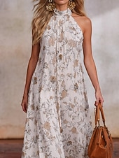 economico Abiti floreali-Per donna Abito Midi Vestito Estivo Abito a trapezio Vestito all'americana Abito a spalle scoperte Vacanza Festa Boho All'aperto Spiaggia Feste Floreale Grafico Senza Maniche All'americana Bianco