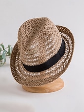 abordables Chapeaux pour hommes-Chapeau fedora bohème en paille respirante pour homme, chapeau de plage tressé pour l'été, idéal pour les vacances, les voyages, les tenues décontractées et le quotidien.