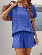 cheap Women's Blouse Suits-Women's Textured Shorts Sets Short Sleeve Round Neck Solid Color Fashion Streetwear Casual Daily Outdoor Blue Black Camel Summer Loose Fit