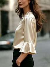 cheap Plain Blouses-Women's Satin Elegant Long Sleeve V Neck Regular Tops Casual Daily Beach Apricot Summer Spring Fall