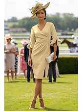 preiswerte Teelänge-Kleid Knielang Derby-Kleid Brautmutterkleid Halbarm V Ausschnitt Elegant Kentucky Derby Stretchstoff mit Falten Gerafft Drapierung