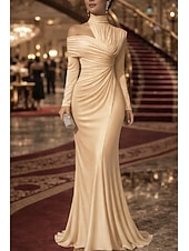 economico Abiti da Sera Sirena-Sirena Tromba Lunghezza al pavimento Abito da Sera Elegante Abito da sera stile impero Manica Lunga Collo Alto Festa serale Matrimonio Raso Elasticizzato con Pieghe Tinta unita