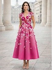 cheap Cocktail Dresses-A-Line Ankle Length Tea Length Cocktail Dresses Elegant Vintage Floral Short Sleeve V Neck Garden Party Wedding Pink Dress Satin Tulle with Embroidered Flower Pleats Embroidery