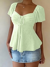 abordables T-shirt uni-Femmes Chemisier Cordon de serrage Œillet Couleur Unie Élégant Sexy Occasionnel Manche Courte Col carré Hauts Réguliers Quotidien Noir Blanche Jaune Rose Claire Bleu Ciel Été Printemps