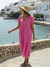 abordables Vestidos-Mujer Vestido Midi 100% Algodón Vestido de lino de algodón Moda Moderno Exterior Vacaciones Festivos Holgado Plano Manga Corta Escote en Pico Azul Piscina Negro Blanco Verde Claro Verano Primavera