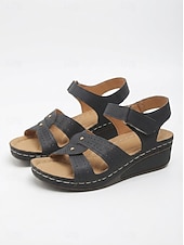 abordables Sandales Plates-Sandales compensées beiges pour femmes avec bride auto-agrippante et design découpé, chaussures à bout ouvert confortables pour la marche, les voyages d'été et les tenues décontractées au quotidien