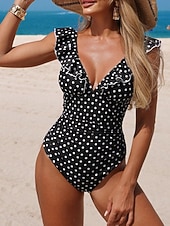 preiswerte Einteilige Badeanzüge-Damen Badeanzug Einteiler Monokini Bademode Bauchkontrolle Hohe Taille Schlank Rückenfrei Urlaub Strandbekleidung Tupfen V Ausschnitt Ärmellos Badeanzüge
