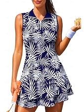 cheap Women's Tennis Dress-Women's Trees / Leaves Floral Botanical Tennis Dress Sports Dress Sleeveless Floral Breathable Tennis Golf Badminton Polo Collar Zip Collar Dress Black with White Wine Navy Blue Tennis Clothing