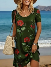 abordables Robes fleuries-Femmes Mini robe Robe Décontractée Robe T-Shirt Mode Moderne Quotidien Extérieur Vacances Coupe régulière Fleuri Graphique Manche Courte Col ras du cou Vin Vert Véronèse bleu marine Vert Été Printemps