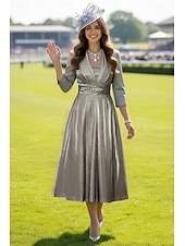 baratos Conjuntos de vestidos para mamãe-Duas Peças Linha A Longuette Vestido de convidada de casamento Vestido Para Mãe dos Noivos Manga 3/4 Decote Quadrado Elegante Vintage Tamanhos Grandes Convidado do casamento Vestidos de jaqueta com