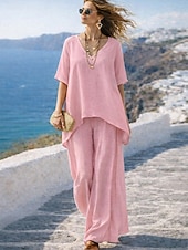 abordables Conjuntos-Mujer Conjunto con tacto de lino Conjuntos de pantalones Manga Corta Escote en Pico Color sólido Elegante Moda Ropa de calle Casual Diario Exterior Azul Piscina Negro Blanco Verano Holgado