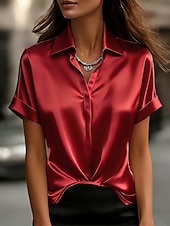 voordelige Effen t-shirt-Dames Satijnen overhemd Blouse Effen Kleur Elegant Stijlvol Basic Korte mouw Overhemdkraag Normale tops Casual Dagelijks Kantoor blauw Zwart Rood Abrikoos Zomer Lente