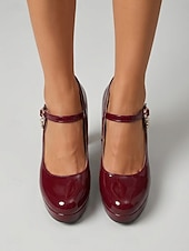 お買い得  プラットフォームパンプス-女性用レッドパテントプラットフォームメリージェーンヒール、ラウンドトゥストラップドレスシューズ（結婚式ゲスト、ガーデンウェディング用） &amp;フォーマルなイベント