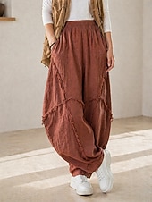 cheap Premium Linen Collection-70% Linen Women's Linen Pants Chinos Summer Pants Bloomers Vacation Streetwear Basic Full Length Medium Waist Plain Pocket Elastic Waistband Inelastic Daily Outdoor rice white Coffee Fall Winter