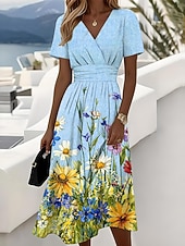  Per donna Abito Midi Abito a Tubino Vacanza Casual Boho Quotidiano Abito Estivo Abito Primaverile Vestibilità regolare Floreale Grafico Manica Corta Scollo a V Blu Giallo Rosa La luce rossa Estate