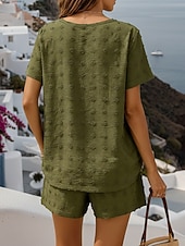 cheap Women's Blouse Suits-Women's Textured Shorts Sets Short Sleeve Round Neck Solid Color Fashion Streetwear Casual Daily Outdoor Blue Black Camel Summer Loose Fit
