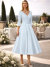 preiswerte Cocktailkleider-A-Linie Tee-Länge Cocktailkleider Partykleider Elegant Vintage Übergröße Dreiviertelarm V Ausschnitt Hochzeitsgast Satin mit Falten