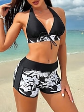 cheap Bikini Sets-Women's Swimwear Bikini 2 Piece Shorts Swimsuit Slim Backless Vacation Beach Wear Floral Halter Neck Sleeveless Bathing Suits