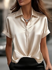voordelige Effen t-shirt-Dames Satijnen overhemd Blouse Effen Kleur Elegant Stijlvol Basic Korte mouw Overhemdkraag Normale tops Casual Dagelijks Kantoor blauw Zwart Rood Abrikoos Zomer Lente