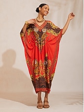 お買い得  プリントカジュアルドレス-スカーレットティグレス フラウィーシフォン シャーリングカフタン