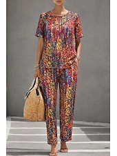 preiswerte Blusenanzüge für Damen-Damen Baumwoll-Leinen-Sets Kurzarm Rundhals Grafik Abstrakt Elegant Bohemien Aktiv Lässig Täglich Blau Rote Purpur Sommer Normale Passform