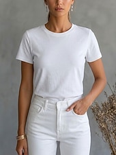 baratos Camiseta lisa-Mulheres Camiseta Camisa de algodão T-shirt Côr Sólida Moda à moda Básico Manga Curta Gola Redonda Decote Redondo Tops regulares Casual Diário Para Noite Branco Rosa Vermelho Laranja Verão Primavera