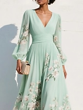 Χαμηλού Κόστους Κομψά φλοράλ φορέματα-Γυναικεία Μακρύ φόρεμα Φορέματα σιφόν Floral φόρεμα Φόρεμα εκτύπωσης Κομψό Μοντέρνα ΕΞΩΤΕΡΙΚΟΥ ΧΩΡΟΥ Διακοπές Αργίες Κανονικό Φλοράλ Μακρυμάνικο Λαιμόκοψη V