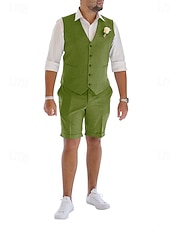  Uomo Smoking Completi in Lino Matrimonio in Spiaggia Spiaggia verde pisello Rosa Estate Tuta Scollo a V Tinta unita Vestibilità su misura 2 pezzi