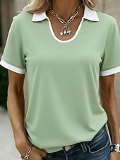 baratos Camiseta lisa-Mulheres Blusa Patchwork Bloco de cor Vintage à moda Manga Curta Colarinho polo Tops regulares Diário Feriado Para Noite Preto Vermelho Azul Marinha Verde Escuro Verão Primavera