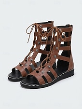 ieftine Sandale gladiator-Sandale gladiator cu cuie pentru femei – pantofi romani plați, cu șireturi și barete, pentru vacanțe în croazieră, călătorii la plajă și ținute de vară