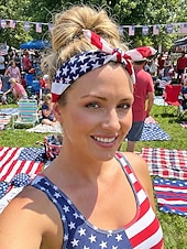  Dames bohemian katoenen bandana set met Amerikaanse vlag, bestaande uit twee delen: een veelzijdige hoofddoek en nekwarmer voor de viering van het 250-jarig bestaan van de VS, Onafhankelijkheidsdag,