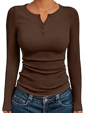 cheap Plain Blouses-Women's Blouse Buttons Solid Color Daily Stylish Casual Long Sleeve Crew Neck Regular Tops Daily Black White Wine Brown Dark Gray Spring Fall