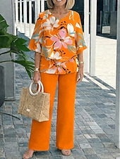 economico Abiti da donna con camicetta-Per donna Set di Pantaloni Manica 3/4 Girocollo Floreale Grafico Elegante Vacanza Casuale Quotidiano Vacanza Blu Fucsia Arancione Estate Vestibilità comoda